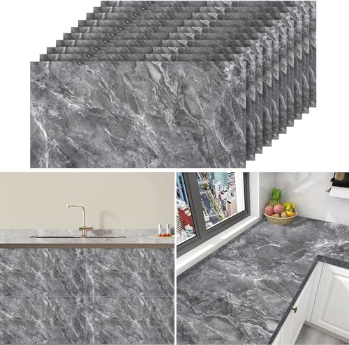 Warmiehomy Marble Tile Stickers 60x30cm 10Pcs Thicken Wall Tiles Self Adhesive,Peel and Stick Waterproof Vinyl Marble Tiles for Living Room Bedroom Bathroom Kitchen Splashback,Earl Grey