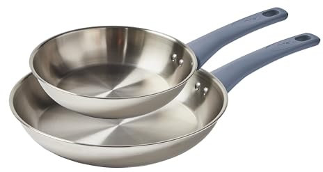 T-fal Essentials Stainless Steel Fry Pan Set 2 Piece, 8 and 10.5, Induction Compatible Oven Safe 350F, Pots and Pans Set, Cooking Skillets, Cookware, Kitchen Frying Pans, Dishwasher Safe Silver/Blue