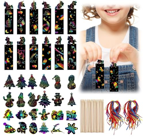 VONJUMA 36 Pezzi Scratch Art Bambini Scratch Art Di Natale E Unicorno Fogli Neri Da Grattare Bambini Segnalibro Arcobaleno Con Penna Di Legno E Nastro Per Lavori Di Bricolage Giochi Per Bambini