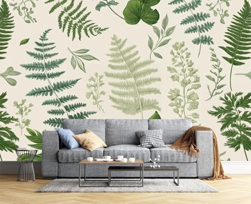 Papel Pintado Pared Ilustración Botánica Retro,200 × 140 Cm Material De Seda Mural,Verde Claro Papel Tapiz 3D Adecuado Para Decoración Paredes Sala, Dormitorio-Hojas De Helecho