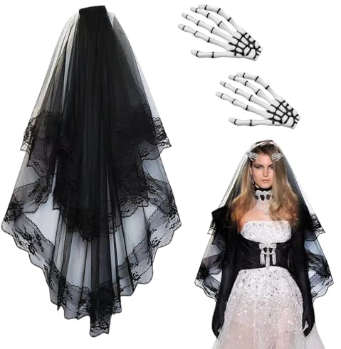 GWAWG 3 piezas negro velo novias con mano hueso clip de pelo, banda de encaje velo gótico, Halloween fantasma novia Cosplay traje creativo para carnaval masquerade