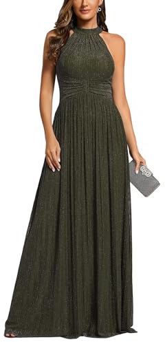 Ever-Pretty Robe de Soiree Femme Longue Épaules Dénudée Plissé sans Manches Taille Empire Scintillante Vert Olive 44