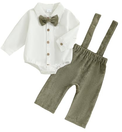Haomibacu Newborn Infant Baby Boy Outfit Button Up Bow Tie Shirt Romper Suspender Overall Pants Set Gentleman Wedding Formal Clothes 0-18 M
