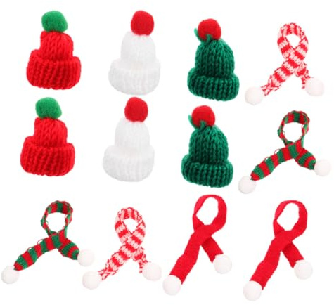 Mikinona 12 St Mini Stickade Julhattar och Halsdukar för Hantverk Dekorativa Små Tomteluvor och Randiga Halsdukar för Julgranspynt Dockor Flaskor och DIY Projekt