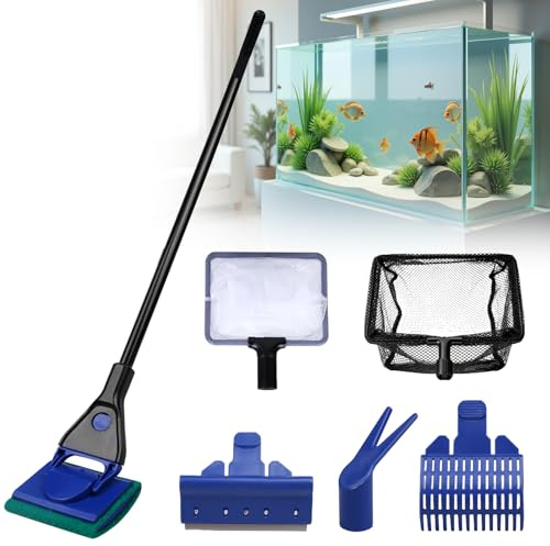 BAIFULAI Juego de herramientas de limpieza para acuarios: 6 en 1 juego de limpiador de acuario con red de pescado, rastrillo de grava, tenedor para plantas, raspador, esponja, limpiador de tanques de