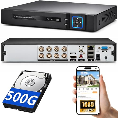 8 Channel Security DVR Recorder With 500GB HDD, 6-In-1 CCTV Surveillance Video Recorder, for Camera Home Surveillance System, for Analog AHD, TVI, CVI, CVBS, XVI, IPC 5MP H.265+DVR