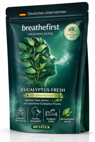 breathefirst Näsplaster med eukalyptusolja – 60 stycken | Stöder fri näsandning | frisk andning dag och natt | perfekt för sport, sömn och rinnande