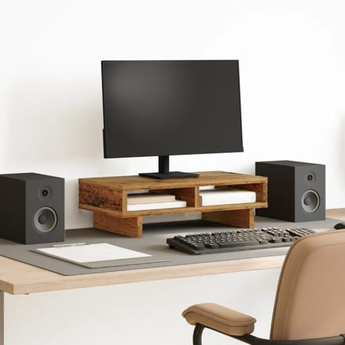 Ziaphsol Monitorställ gammalt trä utseende 50 x 27 x 15 cm trämaterial, 2 fack, tangentbordshylla för arbetsplats kontor hemmakontor gaming arbetsstation