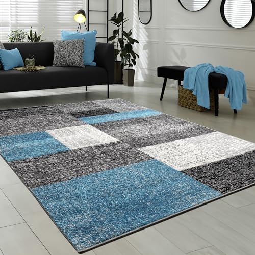 Paco Home Wohnzimmer Teppich Modern Kurzflor Karo Design Used Look Türkis Grau Weiß, Grösse:160x220 cm