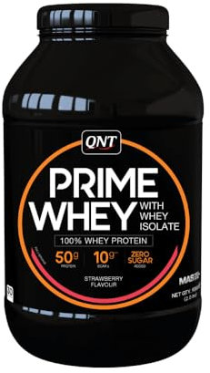 QNT Prime Whey fraise, 84% de Whey Protéine, contient de l’isolat de whey, aide à augmenter le volume et la force des muscles, Riche en BCAA et sans sucre ajouté, 908g, 30 doses