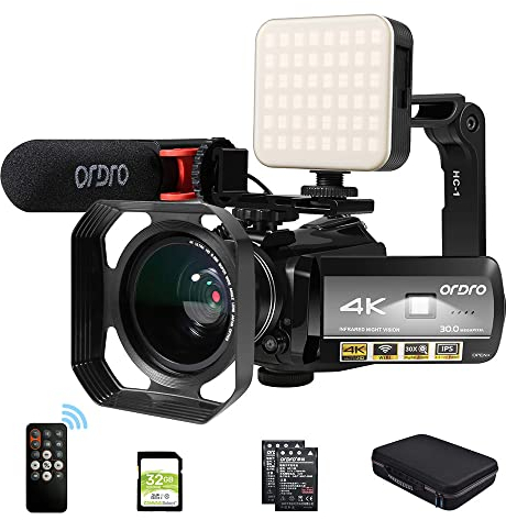ORDRO Caméra Vidéo 4K Caméscope Full HD 1080P 60FPS Vlogging Caméra pour Youtube Zoom Numérique 30X Écran IPS 3,0 avec Microphone, Lumière LED, Support de Caméra et étui de Transport