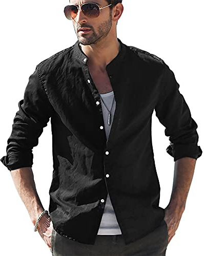 LVCBL - Camicia da uomo a maniche lunghe, estiva, per il tempo libero, in lino, vestibilità normale, 02 nero, XL