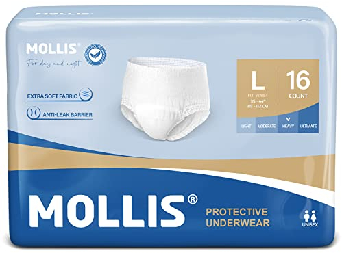 MOLLIS Inkontinenz Pants Erwachsene, Saugfähige Windelhosen für Männer und Frauen, Atmungsaktive Einweghosen, Optimaler Auslaufschutz über Nacht, Unisex, Größe L, 64 Stück
