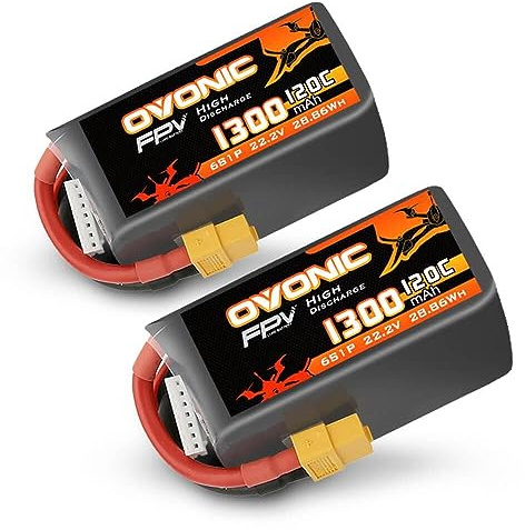 OVONIC Batteria Lipo da 6s, 1300 mAh, 22,2 V, 120 C, con spina XT60, per elicottero RC FPV, aereo, quadricottero, hobby racing (2 pezzi)