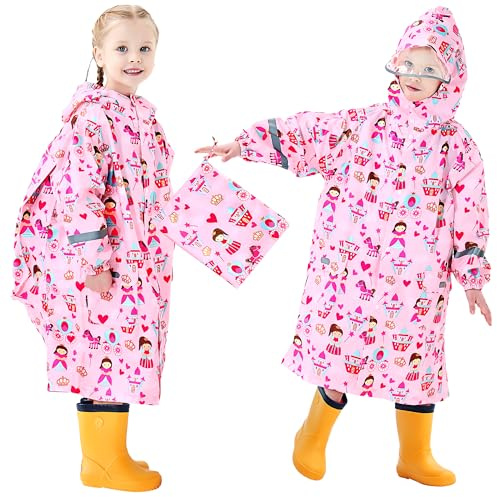 Domueay Regnrock barn flickor regnponcho vattentät andas huva regnjacka lätt en del regncape utomhus overall regnkläder med ryggsäcksskydd 3–12 år