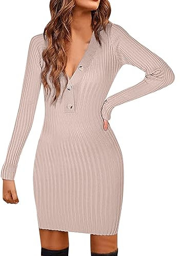 KBOPLEMQ Vestido de punto para mujer, elegante, sexy, vestido de jersey con cuello en V, manga larga, informal, bodycon de punto, vestido de invierno, vestido de jersey, vestido de lana, suéter largo,