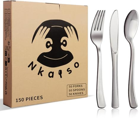Nkaiso 140 Piezas Vajilla de fiesta, Juego de Cubiertos de Plata Reutilizable, 40 Tenedores, Cuchillos, Cucharas, Cubiertos de Fiesta, Adecuado Para Fiestas Campamentos Barbacoas