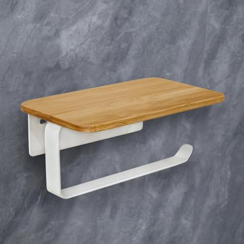 Porte Rouleau Papier Toilette Adhesif sans Percage Derouleur WC Murale avec Étagère en Bambou 2 en 1 Support Papier Toilette Mural avec Perçage Blanc