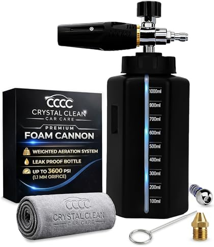 Crystal Clean Foam Cannon for Pressure Washer – High Performance Adjustable Foam Sprayer with 1/4” Quick Connector, Thick Foaming Spray Nozzle, 1000ml Wide Mouth Bottle for Car Wash