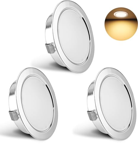 YindaLux Set med 3 infällda LED-spotlights, 230 V, 3 W, 3 000 K, varmvit, 15 mm extra platt takspotlights, 300 lm, takskärning 55–58 mm, IP44 badrumsplats, krom