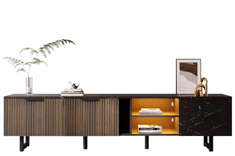 Azkoeesy Mueble TV Salon de 200 cm con iluminación LED, 2 cajones y 2 Puertas, Aspecto de mármol Negro, Mueble Bajo Pare TV con Patas de Metal und protección de Suelo