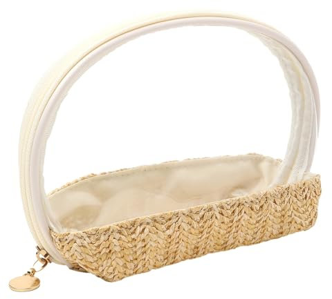 SHINROAD Bolsa de inodoro compacta Organizador de maquillaje de viaje Bolsa de paja tejida a mano PVC transparente impermeable de gran capacidad Cremallera portátil multifuncional Cosméticos Beige