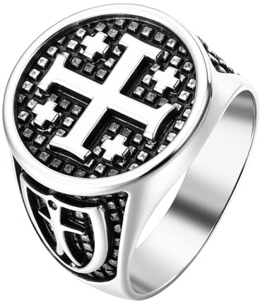 Cupimatch Korsring, herr, sigillring, religiös Jerusalemkors, sigillring, vintage, korsring, kryssare, kristna amulett, smycke, present för män, far, katolsk storlek 63, Rostfritt stål