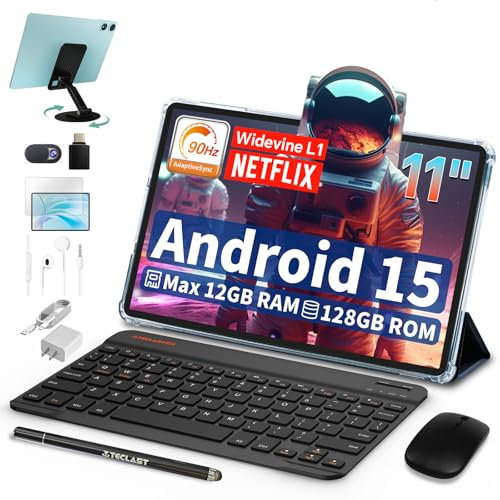 TECLAST P50Case Tablet 11 Zoll Android 15 Tablets mit Tastatur und Stift, Octa Core T7200 Gaming Tablet, 12GB+128GB(2TB TF), 1920x1200, 7000mAh, 13MP KI Kamera, 5G WiFi, Widevine L1, GPS (10-Zubehör)