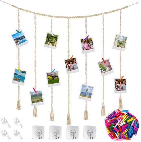 Rebanky 2 stycken boho-fotogirlang, 120 cm, foto, hängande makramé, fotovägg, träpärlor med 100 träklämmor, hängande makramé, fotovägg, fotorep för foton, vykort