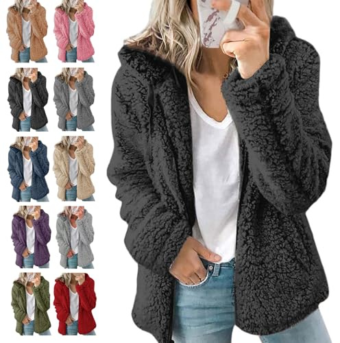 Generisch Chaqueta de peluche para mujer con capucha, chaqueta de forro polar suave con cremallera para otoño e invierno, c, L