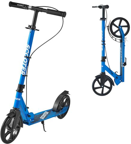 VEVOR Patinete a Niños a Partir de 8 Años, 2 Ruedas, con Manillar Regulable en Altura y Base Antideslizante, Freno Mano, Marco de Aleación Aluminio, hasta 100 kg, Negro Azul, 900 x 380 x 1000 mm