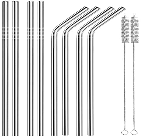 10 Pcs Stainless Steel Straws, Reusable Metal Drinking Straws with 2 Cleaning Brush for Smoothie, Milkshake, Cocktail and Hot Drinks
