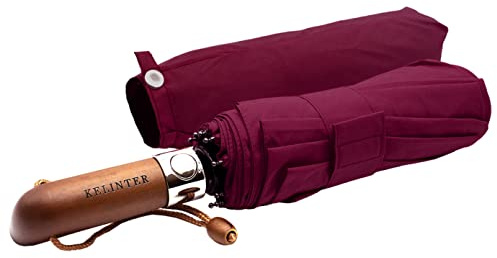 KELINTER Ombrello Pieghevole Automatico - 10 Steli Rinforzati, Teflon 300T, Antivento, Manico in Legno Ergonomico, Compatto 480g - Per Uomini & Donne (Granata)