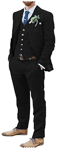Completo da uomo in lino, 3 pezzi, morbido, da spiaggia, smoking, blazer, set per testimoni dello sposo, Nero , 50