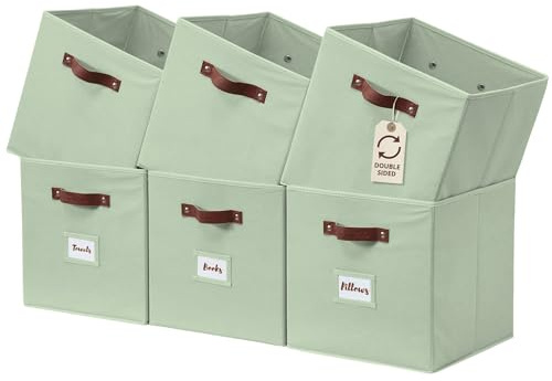 DECOMOMO Lot de 6 cubes de rangement en tissu avec étiquettes, 33 x 33 x 33 cm, vert sauge