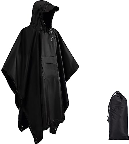 Zaleonline Wasserdichter Regenponcho 3 in 1 Mehrzweck Regenmantel Leicht Atmungsaktiv Regenschutz Regencape, Faltbare Wiederverwendbar Regenjacken mit Kapuze Raincoat für Freien, Trekking - Schwarz