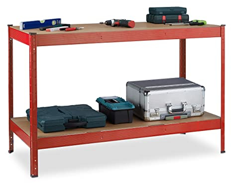 Relaxdays Mesa de Trabajo, 600 kg, Banco Taller, 91 x 141 x 61 cm, 2 Niveles Regulables, Estante de Acero y MDF, Rojo
