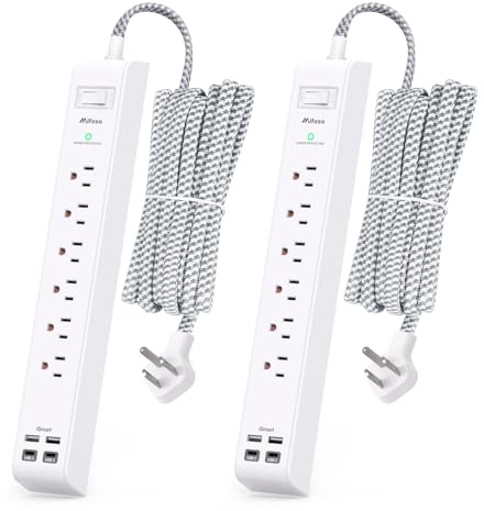 2 Pack Extension Cord 10ft Power Strip - Surge Protector with 6 Outlets 4 USB Charging Ports, Flat Plug, Overload Protection, Wall Mount for Home Office, Dorm Room Essentials