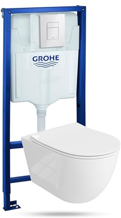 LAVITA Elemento da parete Solido + parete sospesa WC Sinto Grande bianco, senza bordi e sedile WC SoftClose, pulsante bianco lucido, set completo, cassetta di risciacquo da incasso, set completo