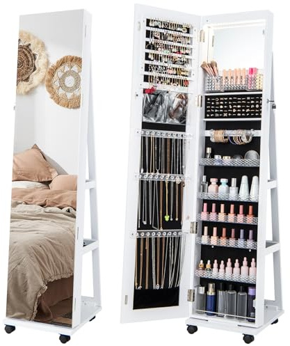 HOMASIS Armoire à bijoux sur roulettes, armoire rotative avec lumières LED de 3 couleurs et étagères réglables, miroir à bijoux sur pied pour colliers, boucles d'oreilles, maquillage, 40 x 38 x 163 cm