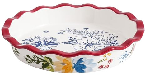 Sagoskat Pie Pan Ceramic Pie Plate, 9 inch Deep Dish Pie Pans, Nonstick Pie Pans for Baking, Red Floral Pie Dish For Kitchen