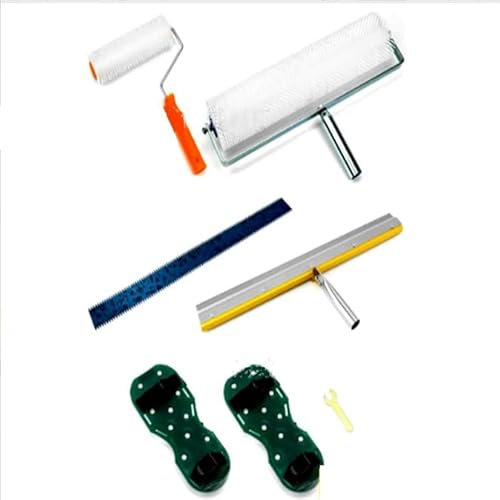VKE kit de Herramientas de Autonivelación de Cemento, Rodillo de Púas Autonivelante 11 mm, Zapatos con Pinchos Para Cesped 30 mm, Rascador de Acero Inoxidable, Palo Telescopico Limpieza 162 cm