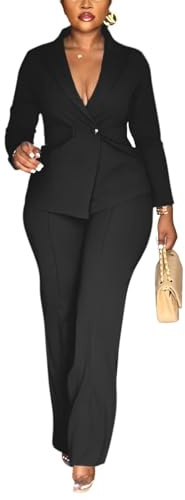 Kafiloe Women Double Breasted Blazer Pants Suit 2 Piece Outfits Casual Long Sleeve Blazer Set for Work Business Black 2XL