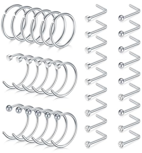 LAURITAMI Nose Ring Silver for Women 20G Stainless Steel L-Shaped Nose Stud Screws with Cubic Zirconia Nose Piercing Jewellery,Pack of 36 Pieces