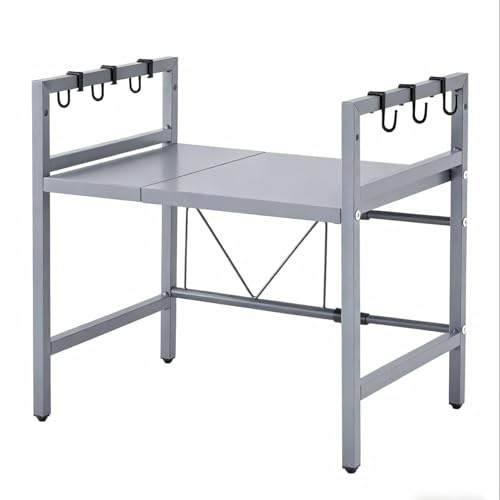 Homullel Expandable Microwave Oven Shelf Unit, Kitchen Countertop Microwave Stand with Shelves, Adjustable Kitchen Counter Rack Small Storage Shelving Unit, Desktop Printer Stand (Grey, 1-Tier)