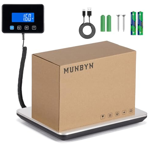 MUNBYN Balance Colis 200kg/440lbs Balance Professionnelle, Pèse Colis Électronique avec fonction Hold/Tare, Avec support colis Pliable, Industrielle pour Courrier, Bagages, Entrepôt, écran LCD