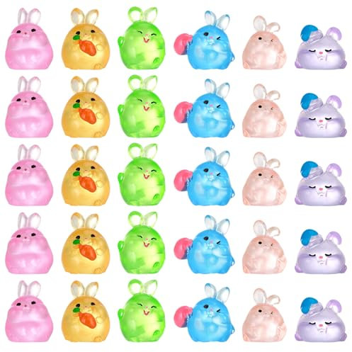 GSrenyu 30 Pcs Mini Bunnies Easter Luminous Resin Animals Mini Rabbits Glow in the Dark Bunny Tiny Animals Miniature Rabbit for Easter Egg Fillers Garden Dollhouse Home Landscape Decor DIY Craft