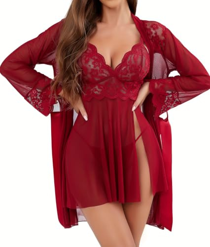 RSLOVE Sexiga babydoll damunderkläder - outfit spets mesh nattlinne 3 delar damunderkläder, Rött vin, XL