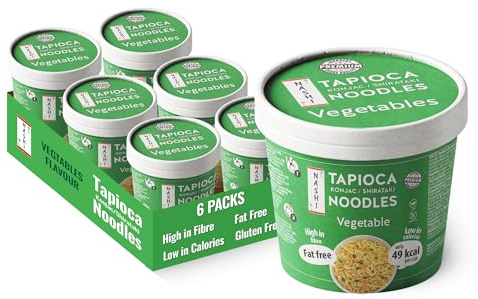 Nashi Tapioca Konjac Shirataki Pot Noodles Vegetable Flavour 150g (Pack of 6) – Low Calorie 49 kcal Instant Cup Noodles, High Fibre & Fat Free, Suitable Gluten-Free Diets | Ready to Eat Meal