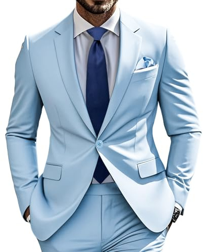 i · FineLong Ensemble Deux pièces pour Homme, Costume de cérémonie à Un Bouton, Coupe ajustée, pour Mariage ou Bal de Promo (FR/ES, Alpha/Lettres, TTG, Taille Normale, Taille Normale, Bleu Ciel)